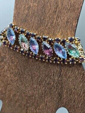 Vtg 50s MCM Northern Lights Bracelet Purple Rhinestones AB Rainbow Crystals 6.5"
